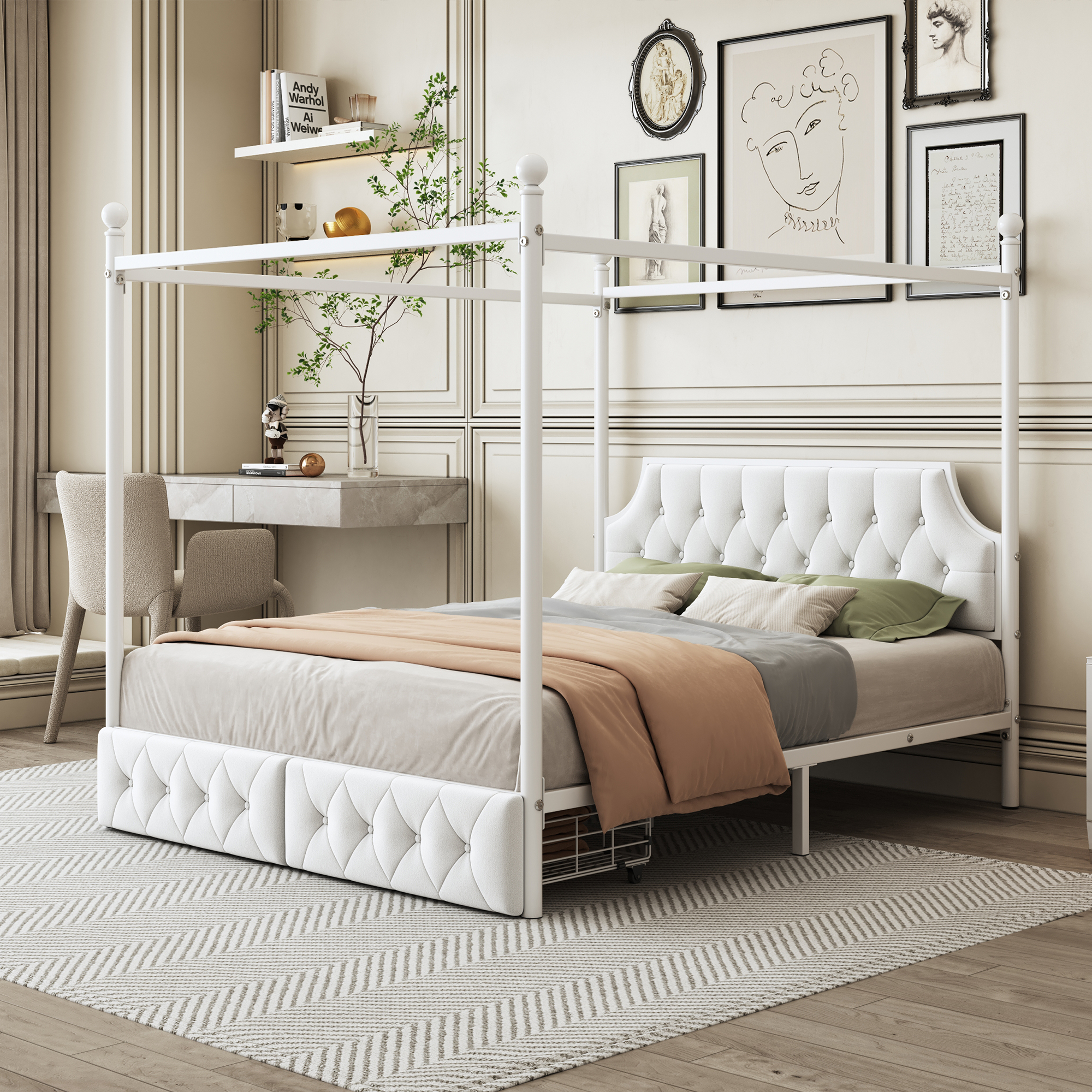 Euroco Wood Queen Size Canopy Platform Bed with Four Support Legs and 2 Drawers for Kids Teens Adults, White