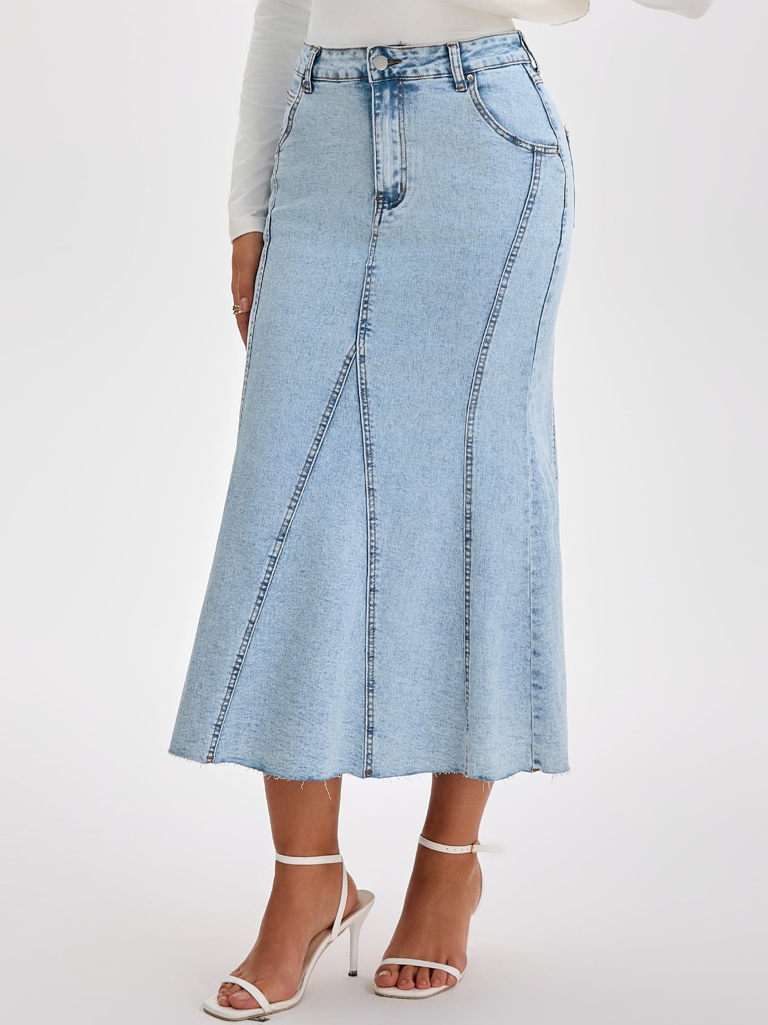 DARING DIVA Women's Fishtail Jean Stretchy Midi Denim Skirts Large Light Blue