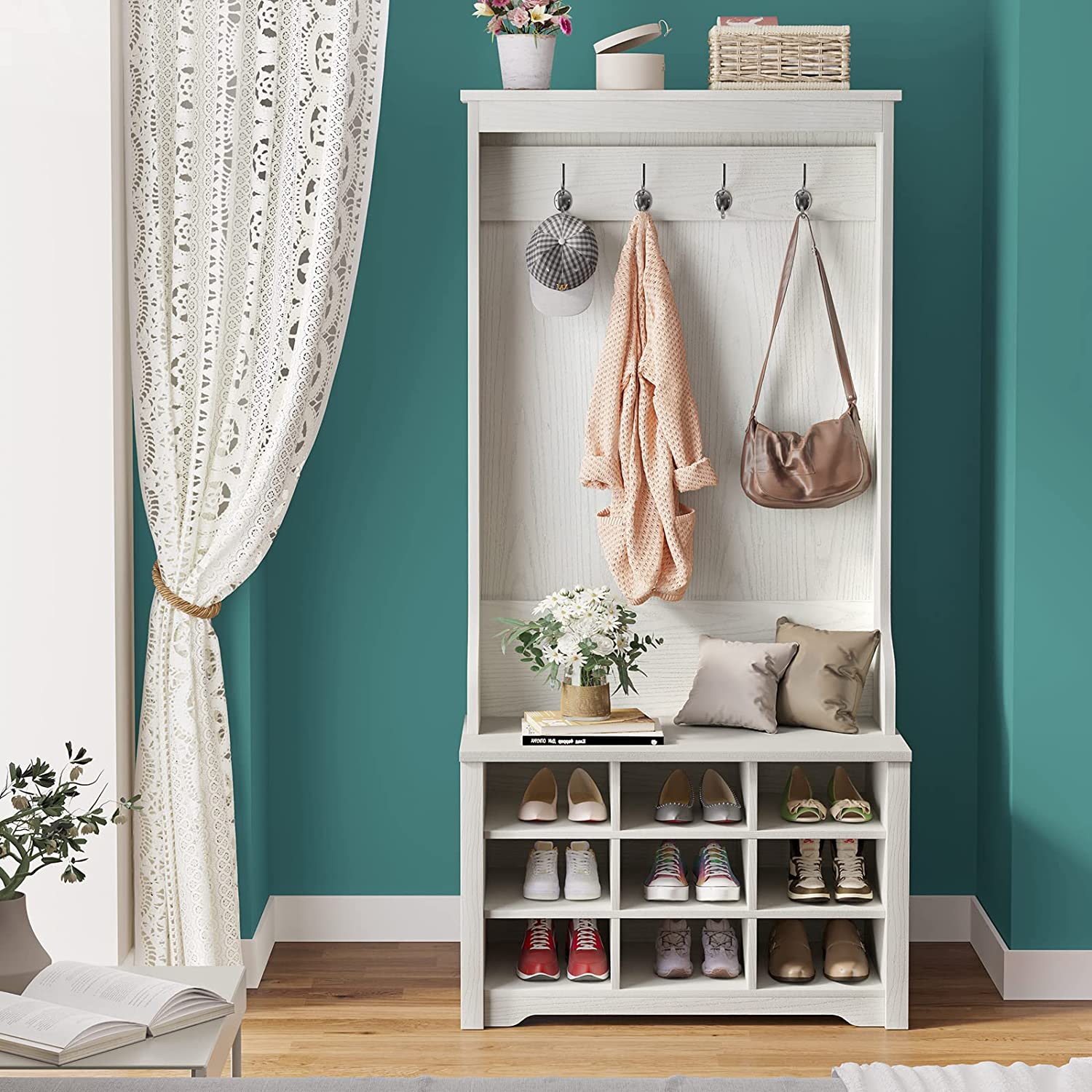 3in1 Entryway Hall Tree with Storage Bench, Coat Rack with Bench & 9