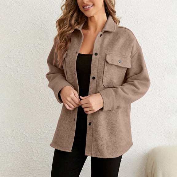 ClodeEU Womens Oversized Lapel Button Down Jacket ,Casual Long Sleeve Trendy Shacket Jacket Coffee,Womens Plus L