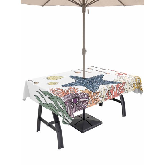 Outdoor Tablecloth with Umbrella Hole for Patio/Picnic/Party/Camping, Coastal Starfish Waterproof Table Cloth Rectangle Table Cover Washable, Ocean Fish Beach Seaweed Marine Coral (60"x 84")