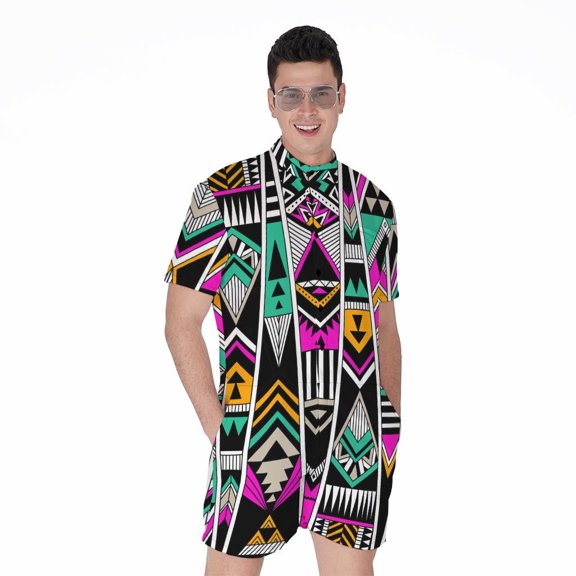 Vintage Tribal Aztec Pattern Short Sleeve Men'S Rompers Casual Summer Jumpsuits Outfit