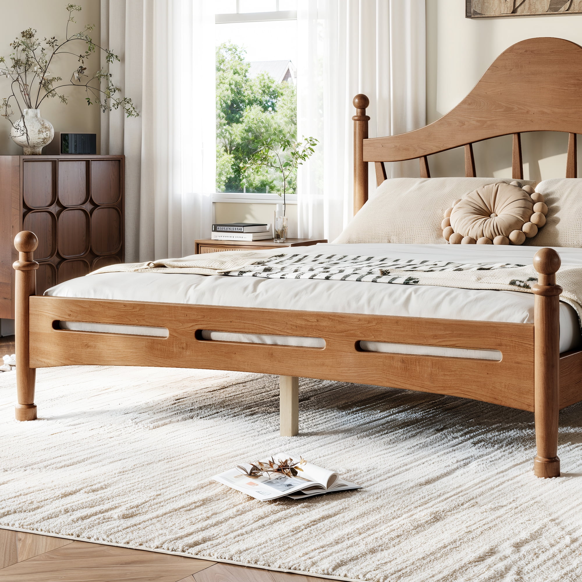 Leumius Queen Size Platform Bed with Chic Headboard, Solid Wood Bed Frame with Slatted Support, Low to Ground Design for Bedroom Brown