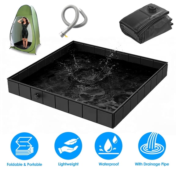 Foldable Camping Shower Pan 41 Inch Portable Shower Base with Drainage Pipe Collapsible Outdoor Shower Tub for Camping RV Hiking Indoor Outdoor Use Black