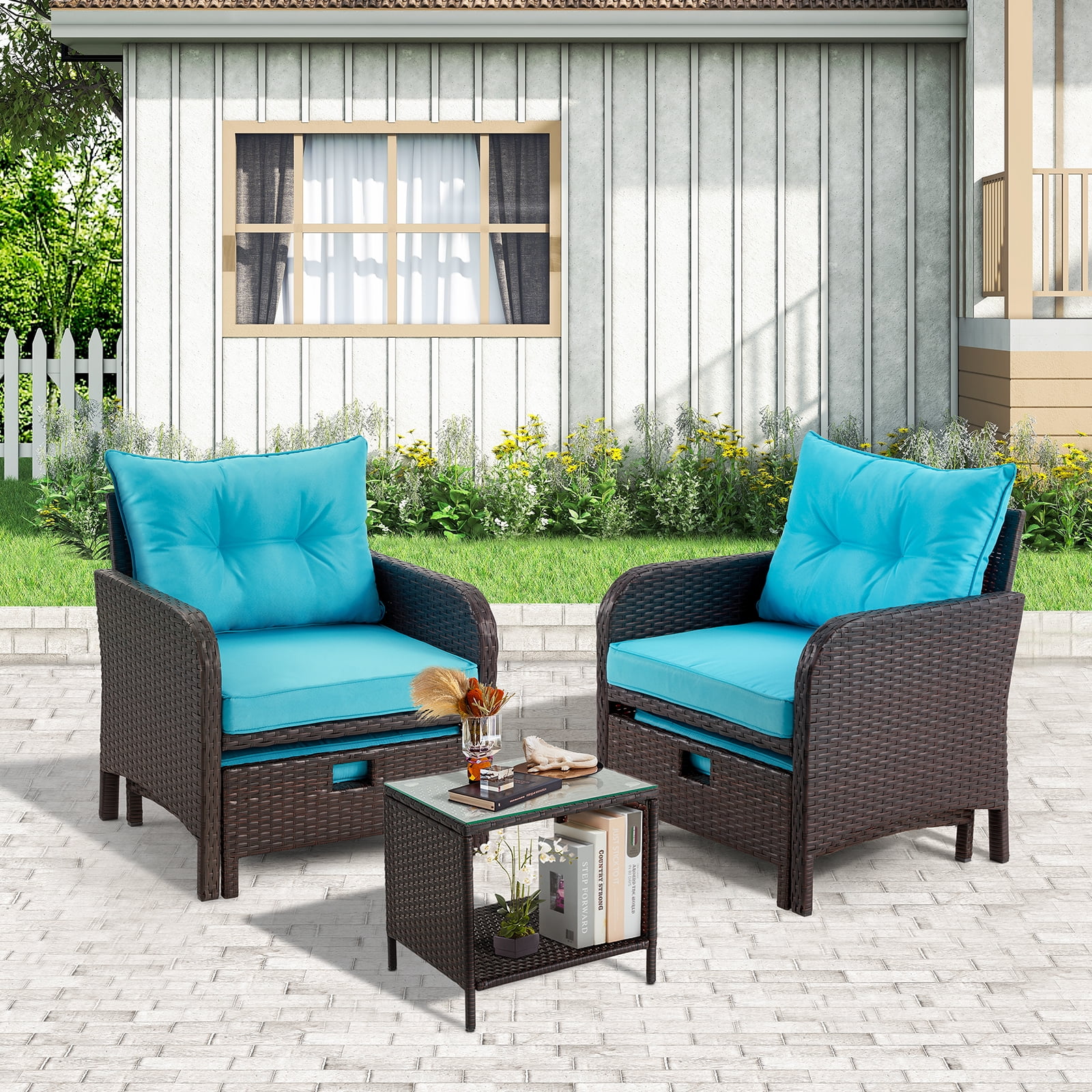 AVAWING 5 Pieces Patio Furniture Set, Outdoor Wicker Rattan Conversation Set with Ottoman & Table for Garden, Blue