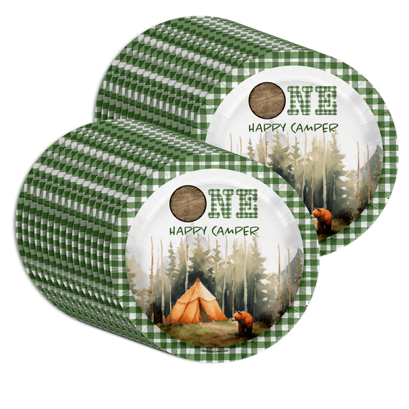 One Happy Camper Boys 1st Birthday Party Supplies Large 9" Paper Plates in Bulk 32 Piece