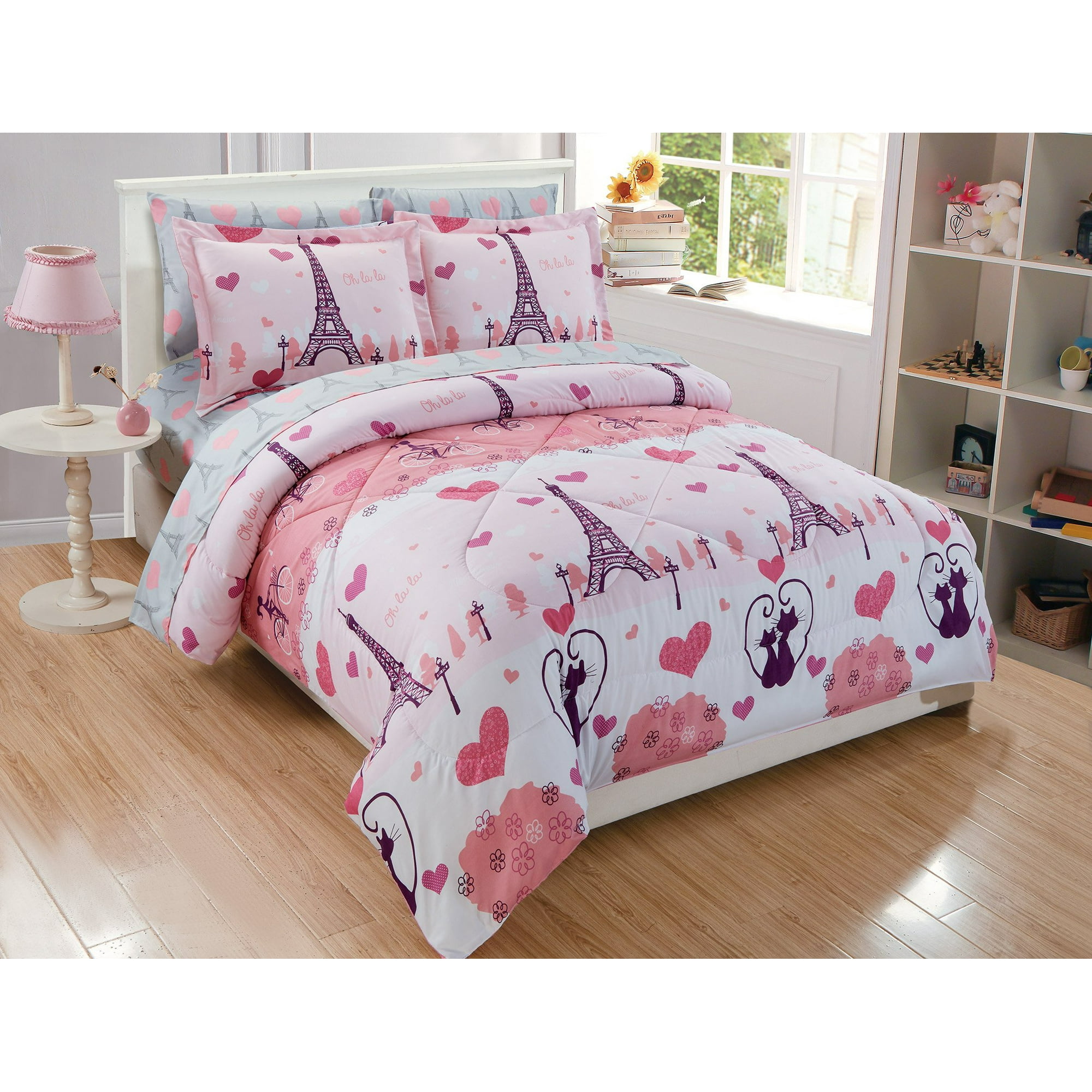 Fancy Linen Teens Girls Comforter Set Paris Eiffel Tower Hearts Pink Grey New Paris Twin Walmart