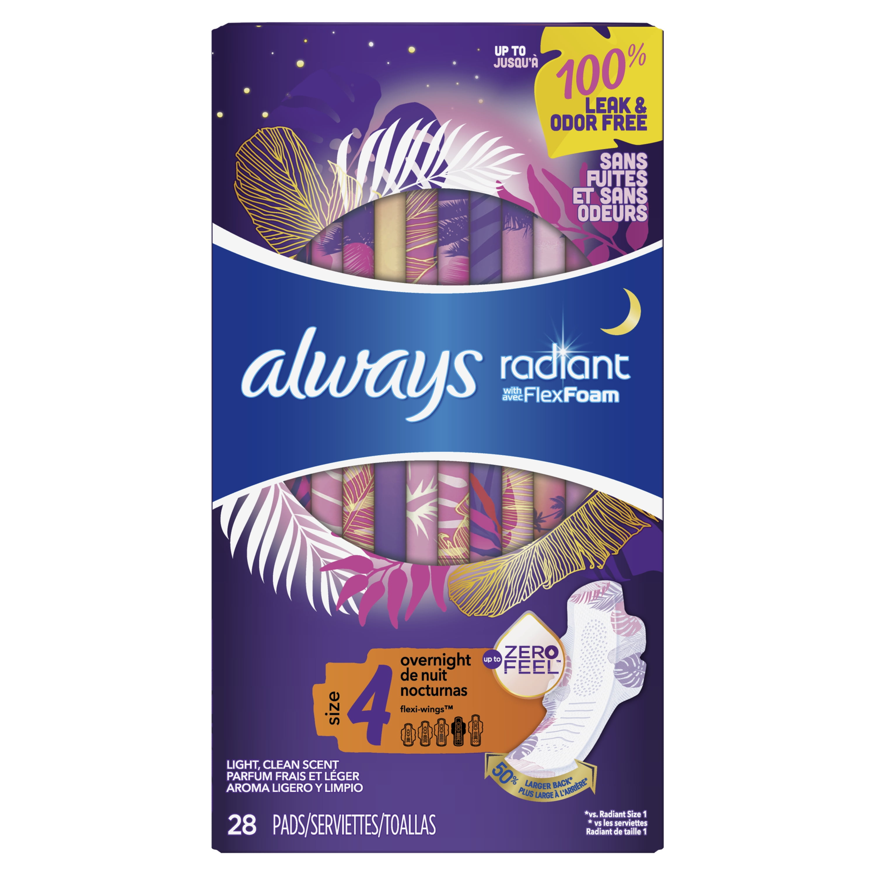 Always Radiant Overnight Pads with Wings, Scented, Size 4, 28 ct