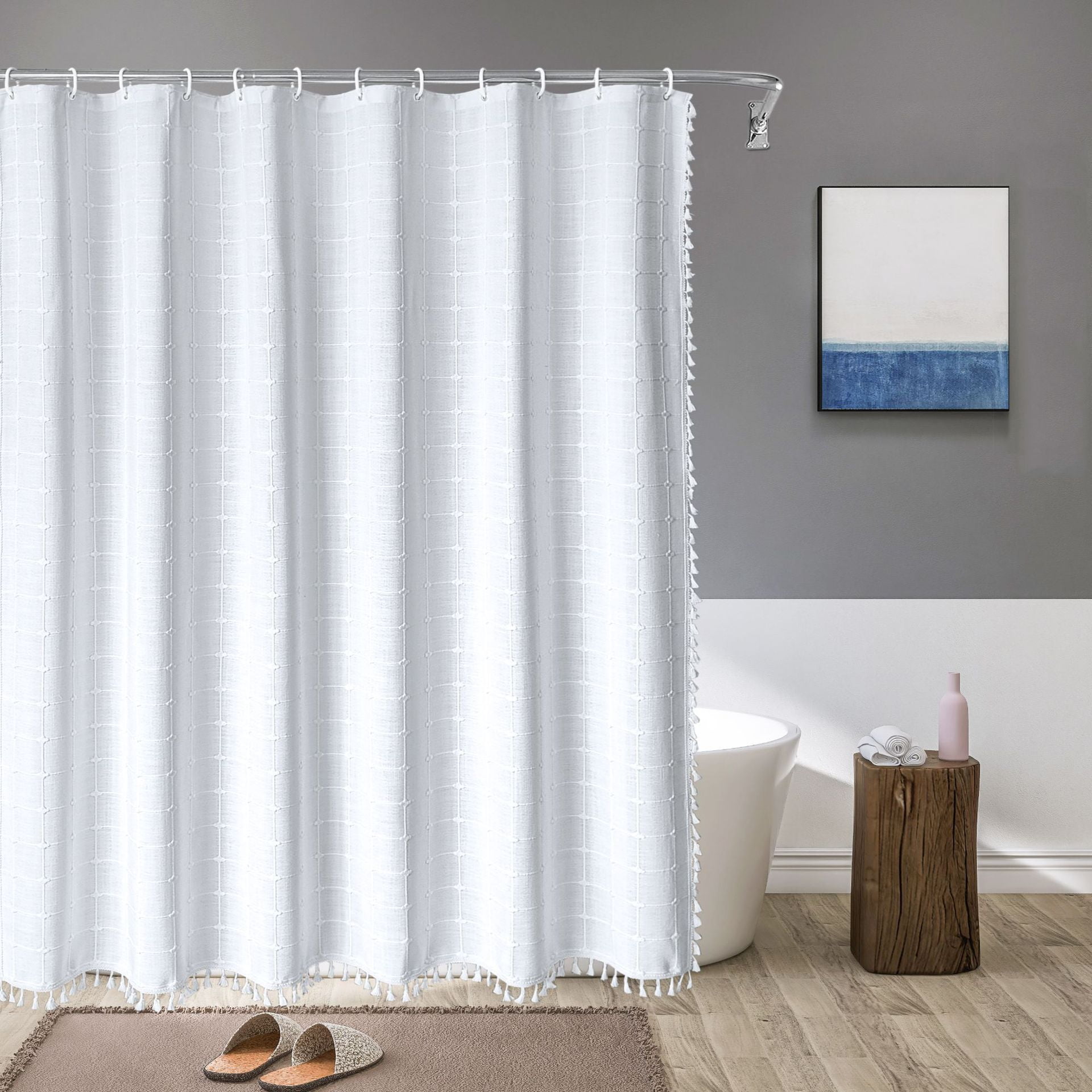 ATJIA Boho Farmhouse Shower Curtain Ultra Thick Cotton Linen Rustic Country Bathroom Shower Curtains Set Modern Bohemian