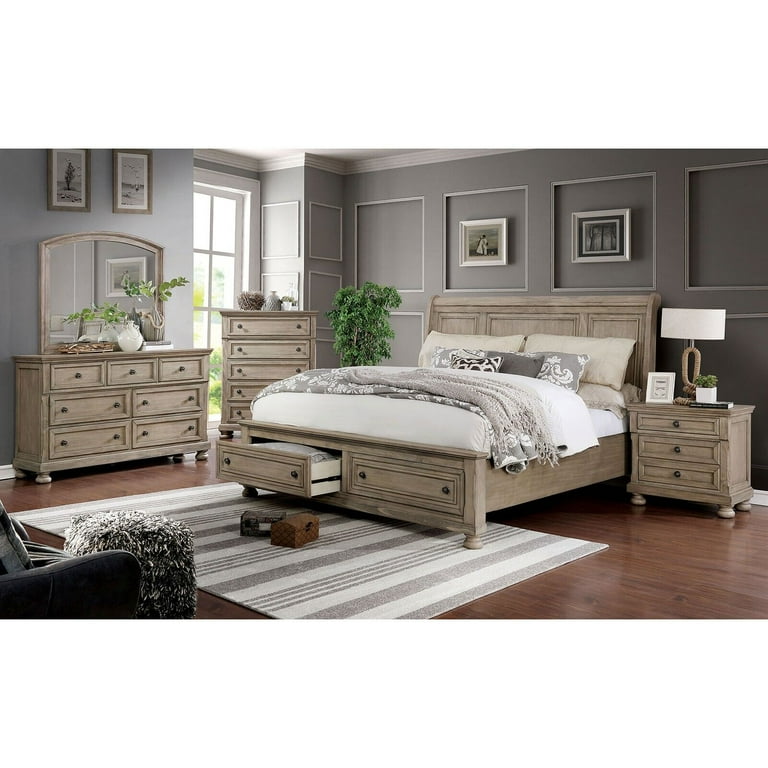 Transitonal Style Gray Solid Wood 4pc Bedroom Set Queen Size Bed Dresser Mirror Nightstand Master Bedroom Furniture