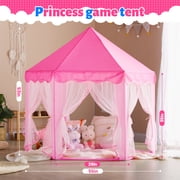 Wilwolfer Princess Castle Kids Indoor Play Tent, Pink Hexagon Fabric Playhouse with Star Lights, Large with Carrying Bag KP-GZ-001-W