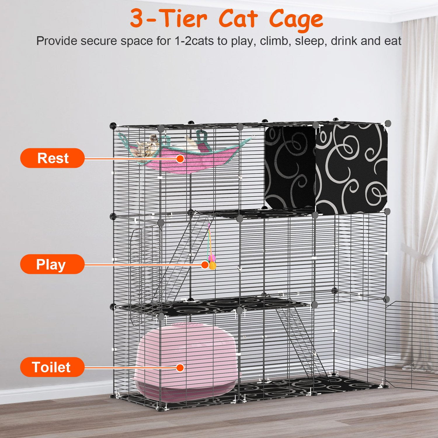 Moclever 3-Tier Large Cat Cage, Enclosure Indoor DIY Iron Pet Cage Playpen with Hammock Toy Ball Ladder for 1-2 Cats Ferret Rabbit Small Animals, Black