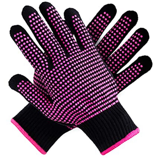 Zhuge guantes resistentes al calor para peinar el cabello, resistentes al calor, algodón + silicona, fucsia, 22 cm de largo-1 par