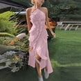 thumbnail image 2 of CHUMUD Women's Elegant Spaghetti Strap Ruffled Halter Neck Sleeveless Backless Multi-Layer High-Low Hemline Vacation Long Dress, 2 of 7