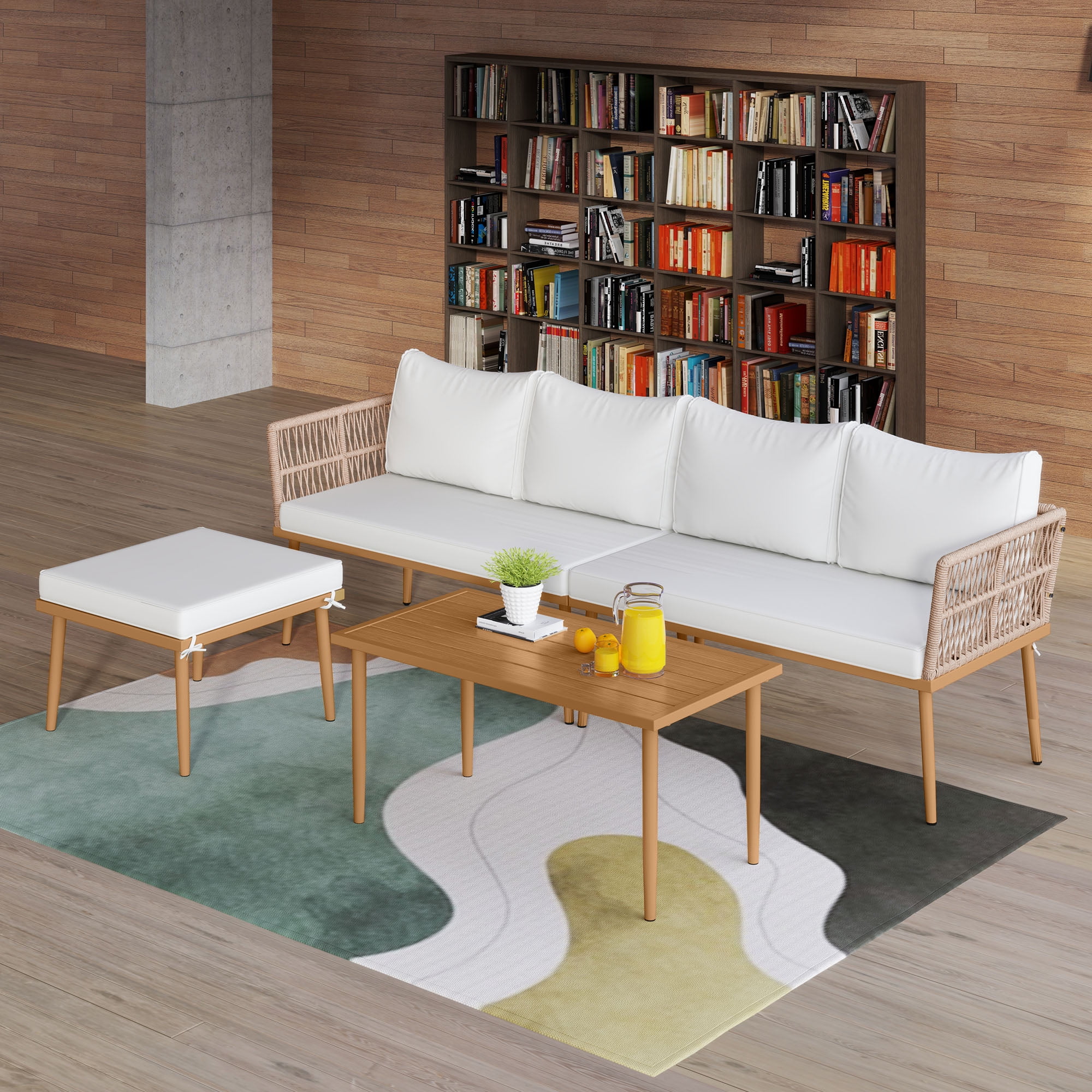Uforic 4-Piece Outdoor Woven Rope Sectional Sofa Set Patio Furniture Conversation Set, Patio Loveseat with Ottoman and Side Table - Beige
