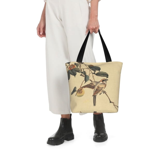 Horeoi Vintage Bird Print Shoulder Bag for Women Large Capacity Zipper Tote for Shopping Beach Travel Gym with Inner Pocket