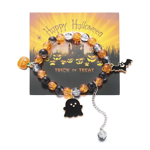 Halloween Bracelet with Ghost Bat and Pumpkin Charms, Orange Black Clear Beaded Wrist Accessory with Extension Chain, Spooky Party Costume Gift for Women Teens