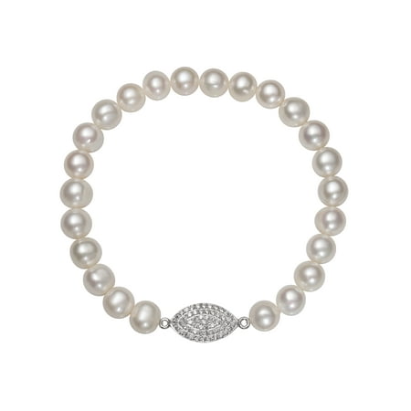 - 7-8mm Cultured Freshwater Pearl and CZ Encrusted Sterling Silver Charm Stretch Bracelet, 7.5