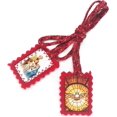 thumbnail image 1 of Catholic Scapular Red Wool Sacred Family & Holy Spirit Rectangular Stiched Icon Handmade by Zaraleas (2.5cm x 3.5cm), 1 of 7