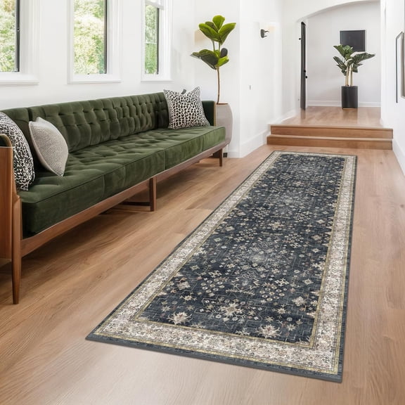 Boho Washable 3 Foot by 10 Foot Runner Rug Waterproof Non Slip Stain and Fade Resistant Vintage Floral Design
