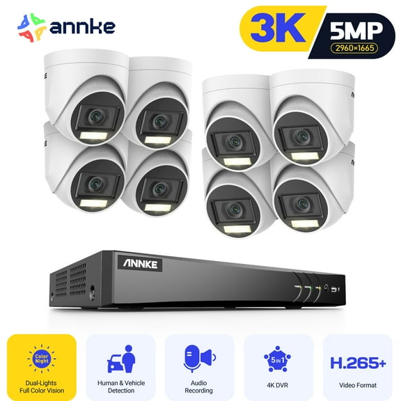 ANNKE 8CH Security Camera System, H.265  5-in-1 4K DVR Recorder with AI Human/Vehicle Detection, 8X 3K IP67 CCTV Turret Cameras with Smart Dual Light, Built-in Mic, 100ft Colour Night Vision, NO HDD ﻿