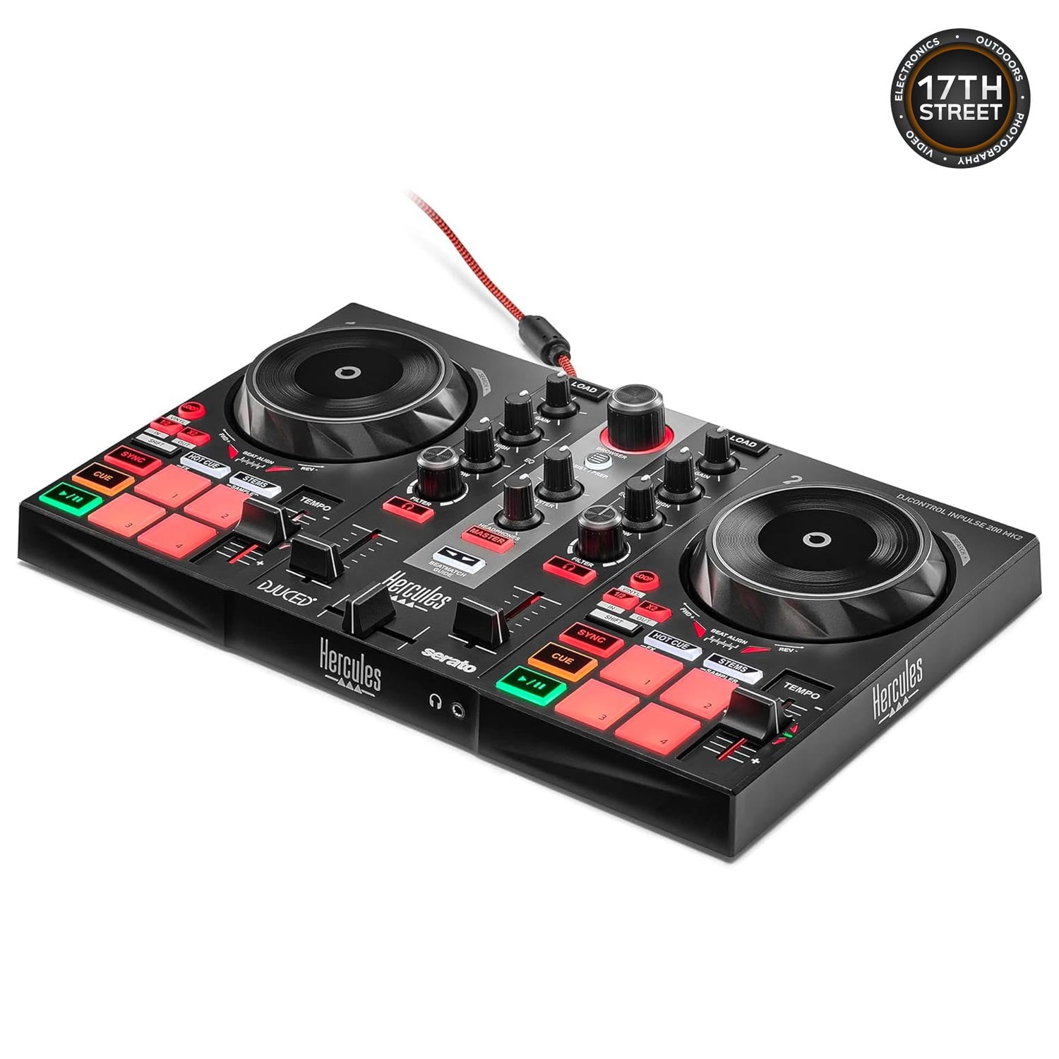 Hercules DJ Controller Inpulse 200 MK2 - 2 Deck USB DJ Controller with Over-Ear Headphones, On-Stage Laptop Stand, Waith DJ Controller Hard Carrying Case and Waith Cleaning Cloth (Bundle Set)