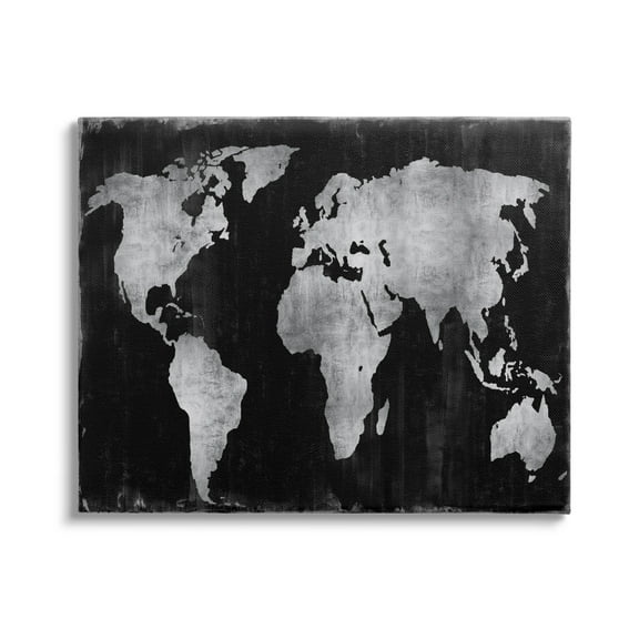 Stupell Weathered Black World Map Travel & Places Painting Gallery Wrapped Canvas Print Wall Art