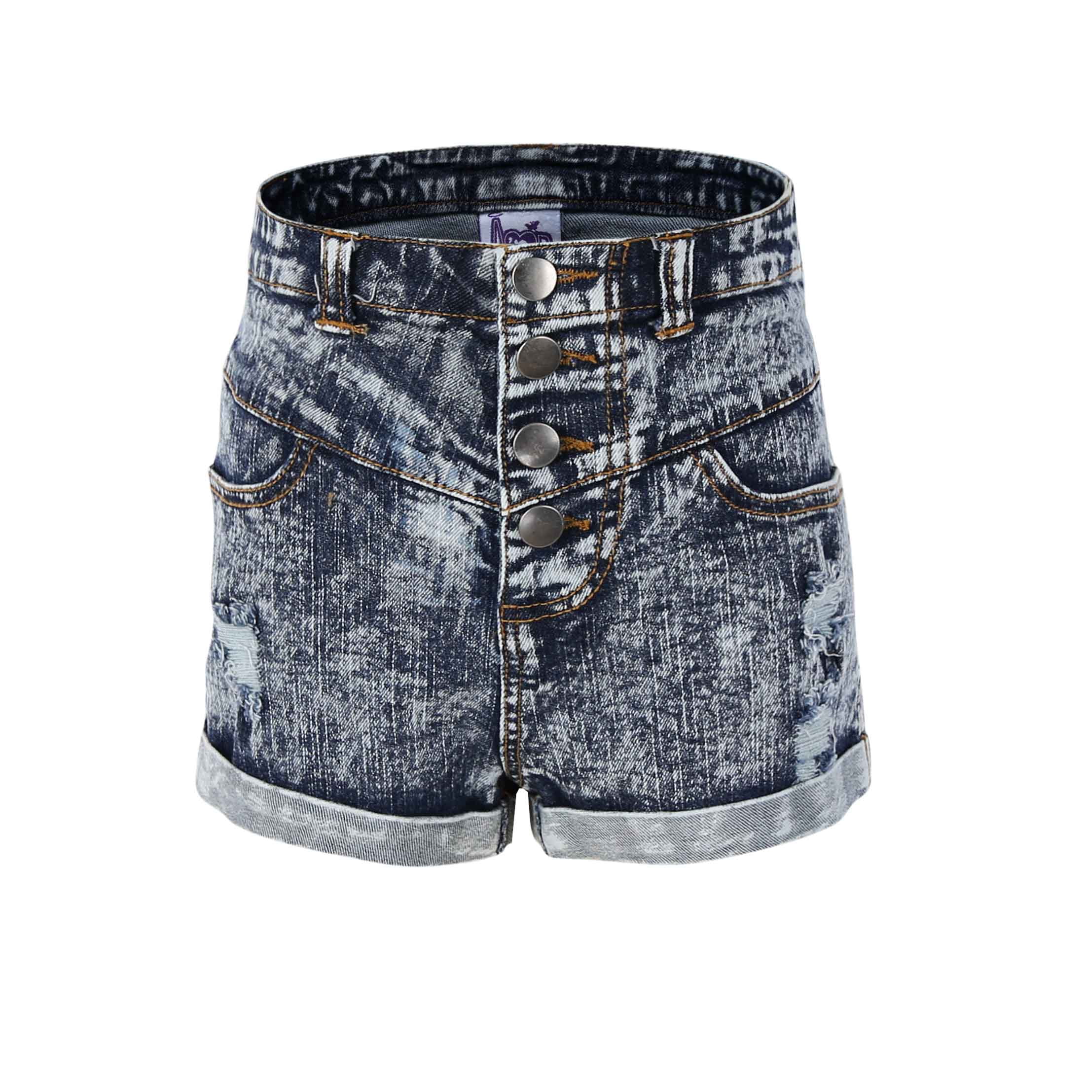 Short Jean Fille Bienzoe - Denim Extensible - Taille Ajustable - Broderies Poches - Âge 3-13 Ans Et Plus