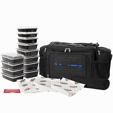 Isobag 3 Meal System Isolator Fitness Thin Blue Line 6 Meal ISOBAG Meal Prep Management Insulated Lunch Bag Cooler with 12 Stackable Meal Prep Containers, 3 ISOBRICKS, and Shoulder Strap - MADE IN USA ()