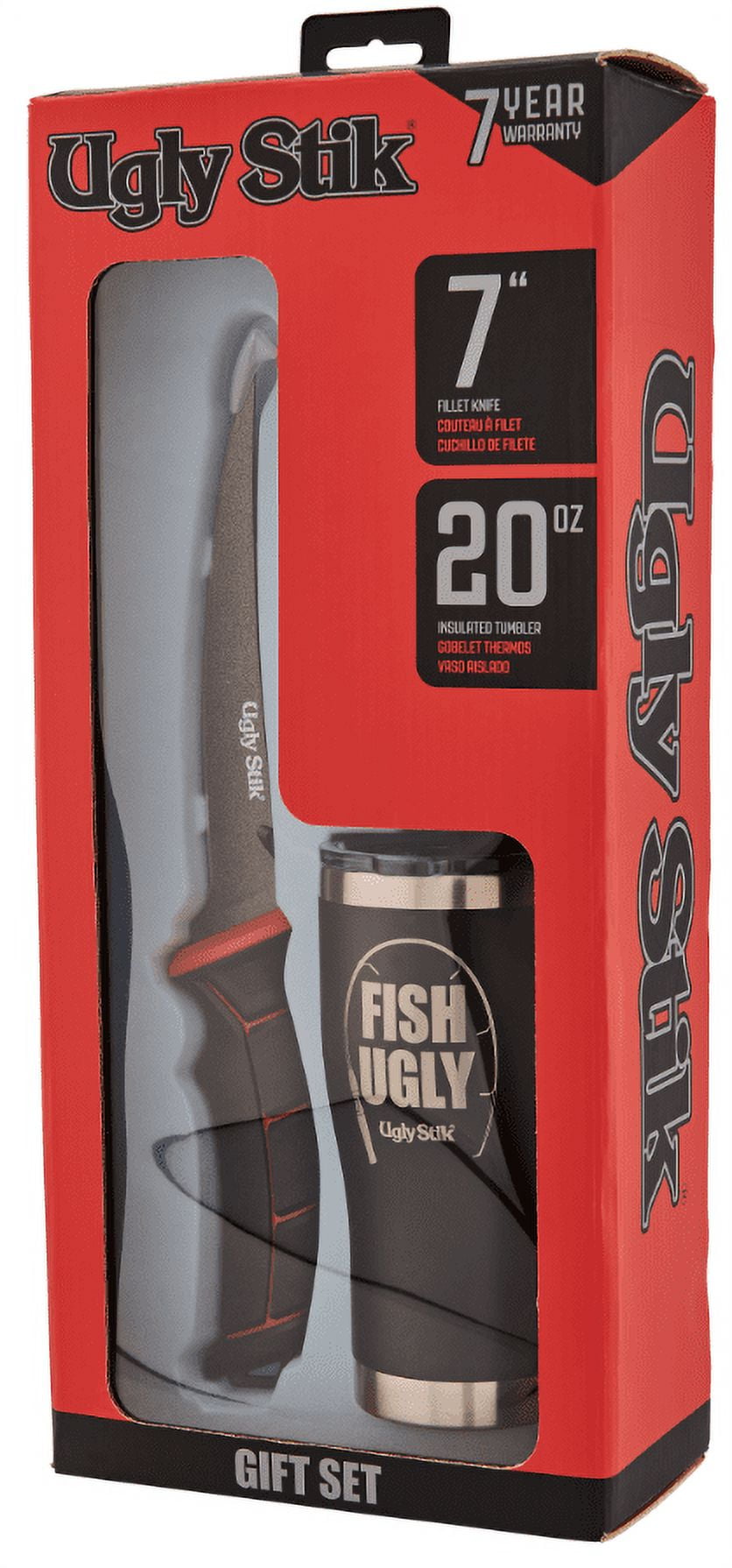 Ugly Stik Catch Ugly Fish Lake/Pond Spinning Rod and Reel Combo, Ugly Stik 7" Fillet Knife, and a Ugly Stik Tumbler