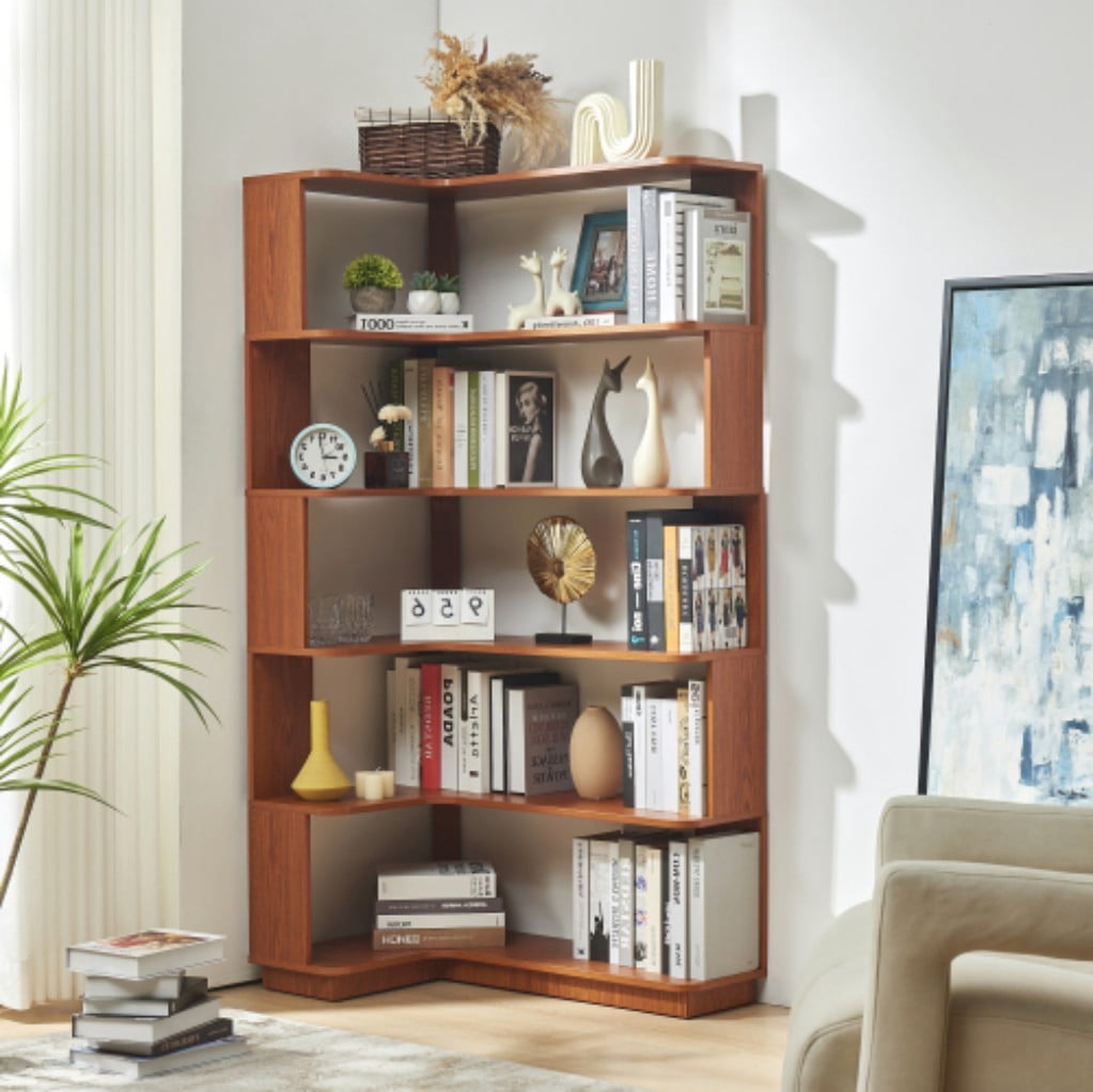 5-Tier L-Shaped Corner Bookshelf, 35.43" Freestanding Wooden Bookcase with Anti-Drop Panels & Anti-Tip Device, Open Display Storage for Living Room, Bedroom & Home Office, Dark Oak