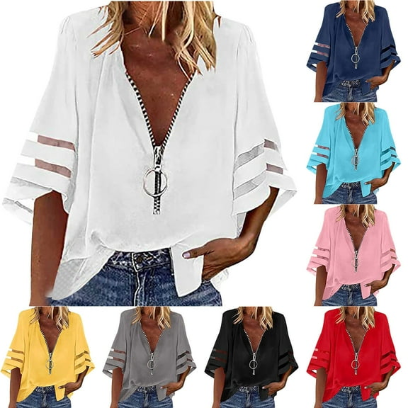 HAPIMO Women's Trendy Chiffon Loose Tops Tunic Half Zipper V Neck Pullover for Teen Girls Solid Color Summer Tees 3/4 Sleeve Elegant Casual Relaxed Blouses Black XL