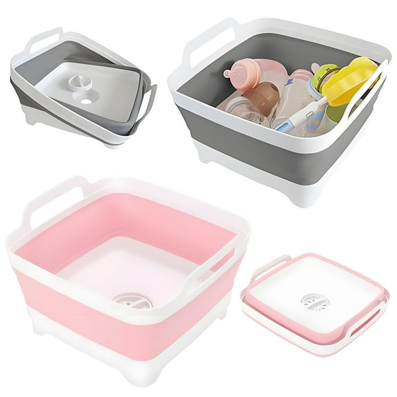 KEMEINILI Collapsible Wash Basin for Baby Bottles - 2 Pack 2.4 Gallons Portable Wash Bin for RV Camping Sink, Space-Saving Dish Tub (Gray pink)