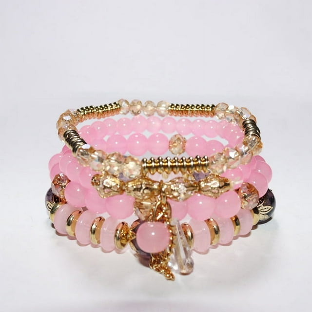 Xiao Hua Pulseras de cuentas apilables bohemias para hombres y mujeres, brazaletes de cuentas multicapa elásticos bohemios con dijes, joyería multicolor, rosa