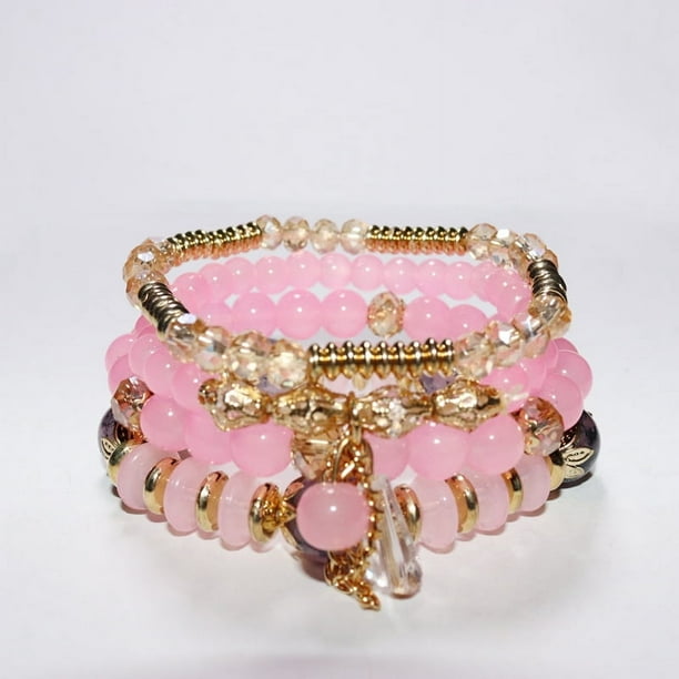 Xiao Hua Pulseras de cuentas apilables bohemias para hombres y mujeres, brazaletes de cuentas multicapa elásticos bohemios con dijes, joyería multicolor, rosa