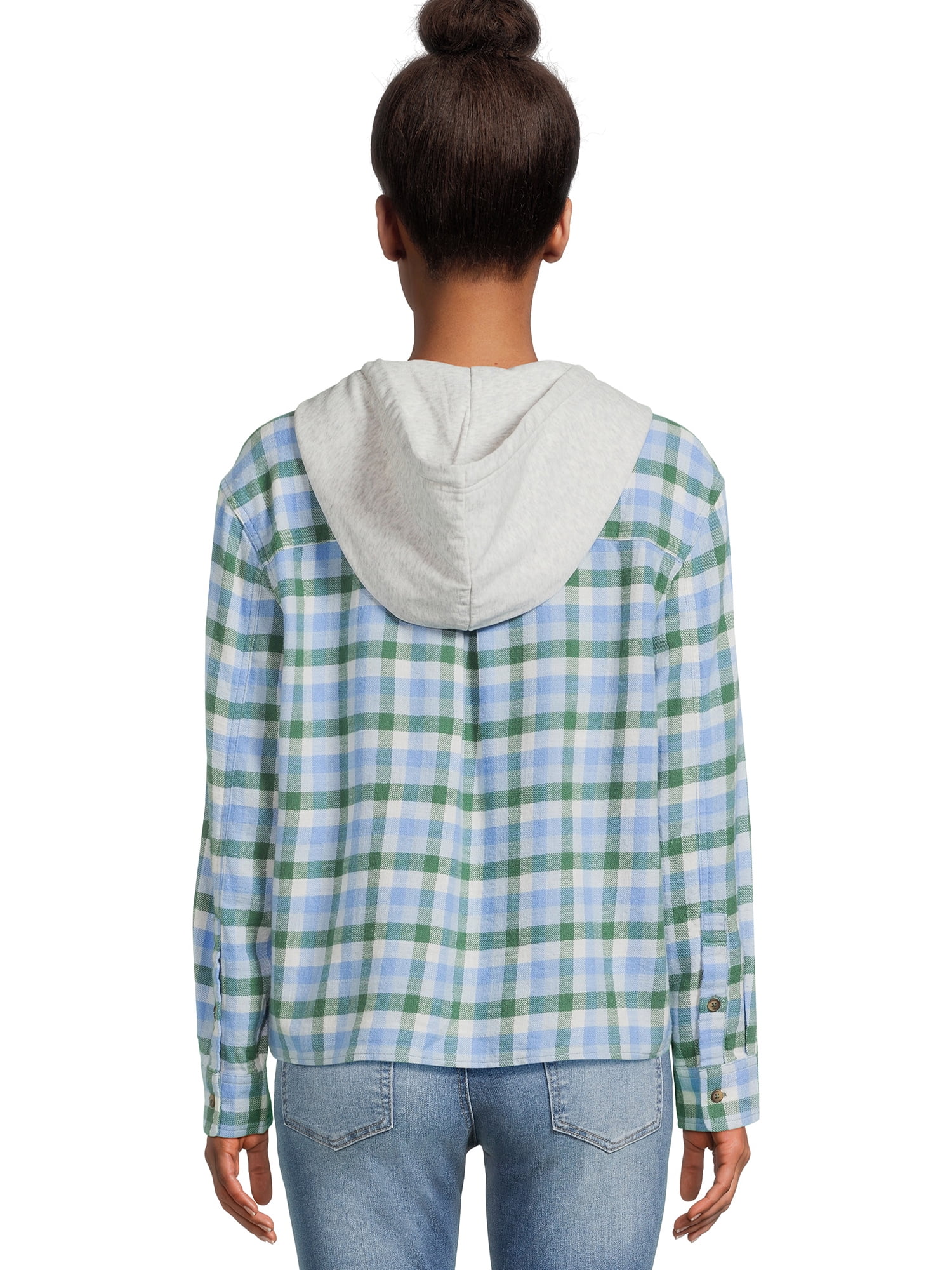 Time and Tru Women's Hooded Crop Flannel Shirt, Sizes XS-XXXL
