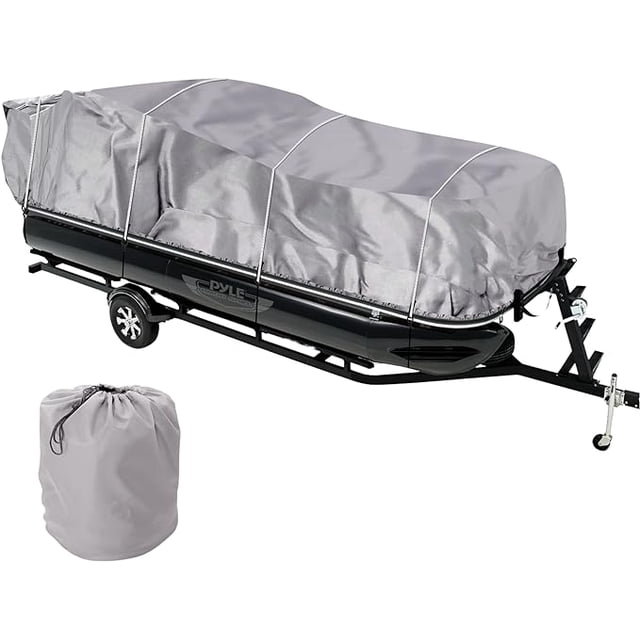 Universal Boat Adjustable Storage Cover - 25'-28'L to 96” Pontoon Boats Protection Custom Heavy Duty Waterproof Mildew Weather Resistant Polyester Fabric, Snap Strap, Elastic Cord, Bag - Pyle PCVHP442