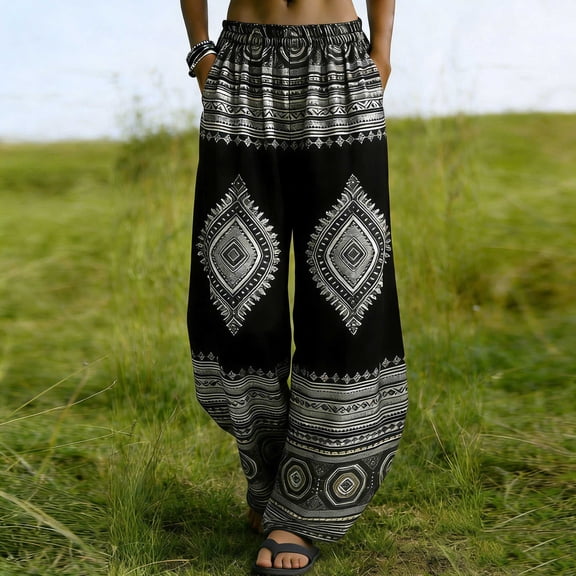 Cagogo Women's Wide Leg Elastic Waist Flowy Geometric Boho Harem Pants Long Trousers Casual Summer Beach Vacation Lounge Wear, Black M