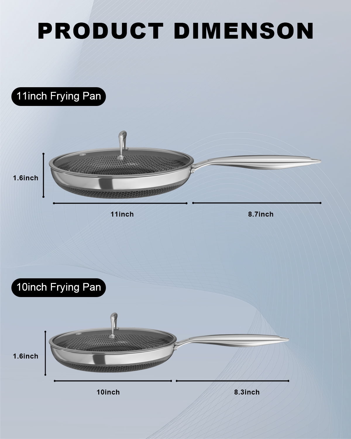 FogDream Non Stick Frying Pans Set, 10 & 11 Inch Tri-Ply  Stainless Steel Pans with Lids  for All Cooktops, Dishwasher & Oven-Safe Cooking Pan,Silver