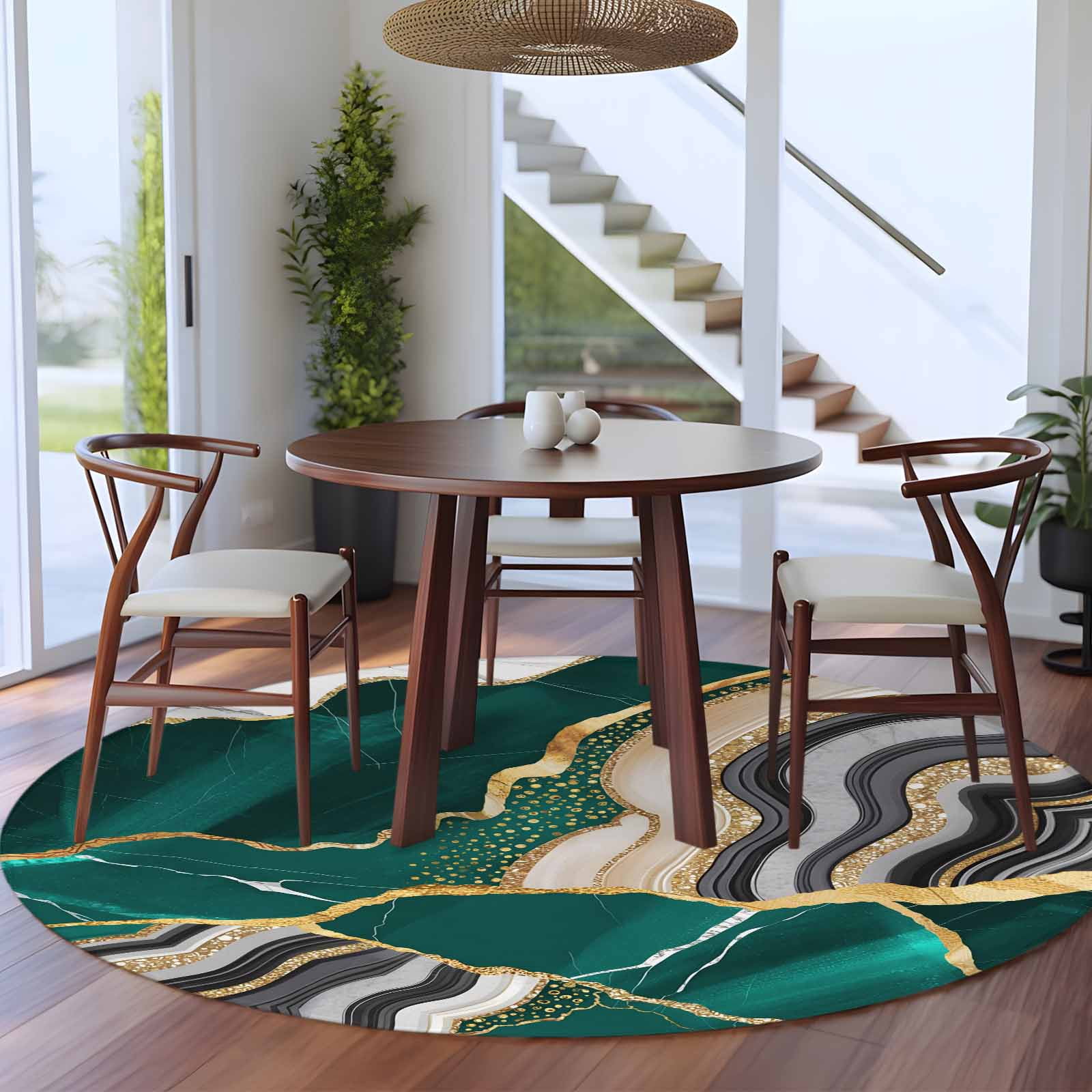 Round Rugs 5Ft, Green Marble Round Area Rug Washable Indoor Throw Carpet, Grey Gold Texture Vintage Farmhouse Art Soft Non Slip Circle Rug for Cabinet Bathroom Home Decor Aesthetic