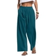 thumbnail image 2 of Nestiefly Linen Pants Women Wide Leg Palazzo Pants Flowy Elastic Waist Summer Beach Casual Trousers with Pockets Blue 2XL, 2 of 5