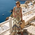 thumbnail image 3 of Xoenoiee Aztec Southwest American Tribal Floral Print Cotton Linen Maxi Dresses for Women Casual Crewneck Sleeveless Tank Dress with Pocekts Summer Spring Boho Vacation Clothes Long Dress, S, 3 of 7
