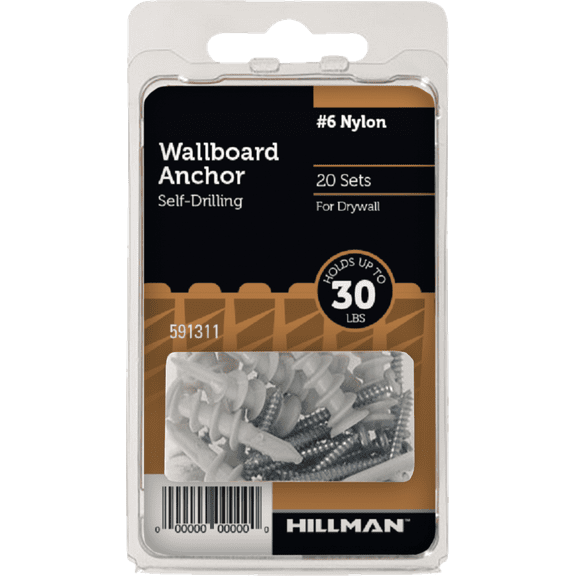 Hillman Wallboard Anchors with Screws (#6), Nylon - 20 Sets