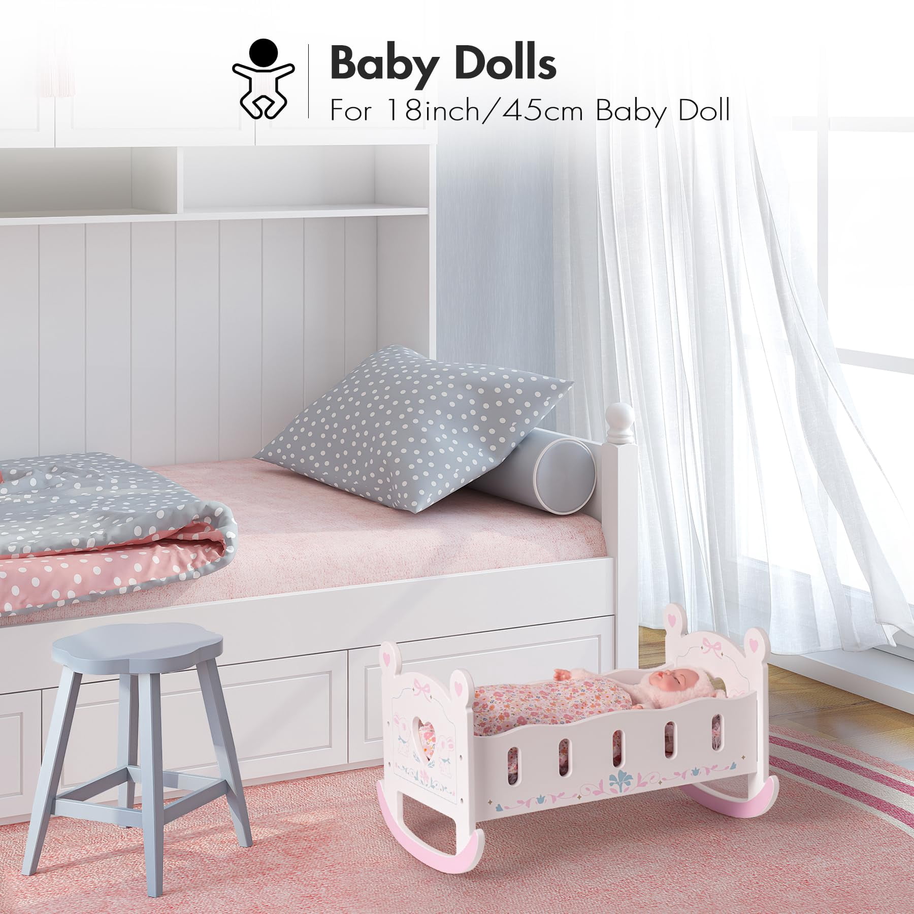 ROBUD Wooden Doll Cradle Rocking Baby Doll Crib, Reversible Doll Bed Furniture with Pink Pad for Dolls Girl,Fits Dolls up to 18 Inches (Pink)