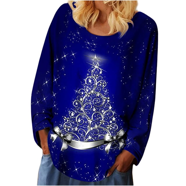 Camisas casuales de manga larga para mujer, suéter, túnica suelta, blusa con cuello redondo y estampado de árbol de Navidad Fridja fhghd1795