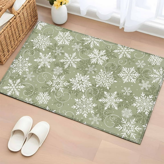 Sage Green Snowflake Christmas Bathroom Rug Washable 2x3 Entryway Rug Non Slip Xmas Winter Abstract Art Front Door Mat Low Pile Indoor Doormat Throw Floor Carpet for Kitchen Bedroom Entrance