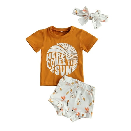 

ZIYIXIN 3Pcs Infant Girl Casual Summer Outfit Letter Printed Short Sleeve Top Leaves Printed Shorts Headband Set Khaki 12-18 Months