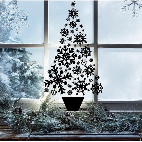 Snowflake Christmas Tree ~ Wall or Window Decal 13" x 24" Black