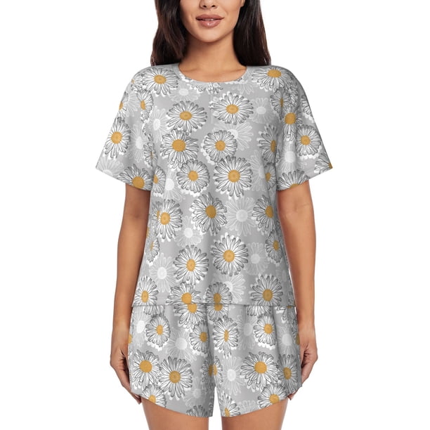 Balery Daisies Flowers Conjunto de Pijama para Mujer con Estampado, Dos Piezas de Manga Corta y Shorts, Ropa de Dormir Suave con Cuello Redondo y Bolsillos-Large
