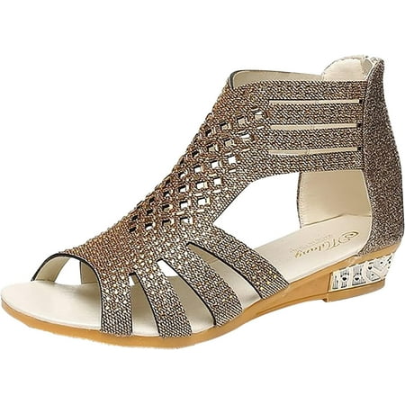 

HOLXI 2024 Womens Sandals Comfortable Wedge Women s Rhinestone Flat Sandals Peep Toe Wrapped Gladiator Strappy Sandals